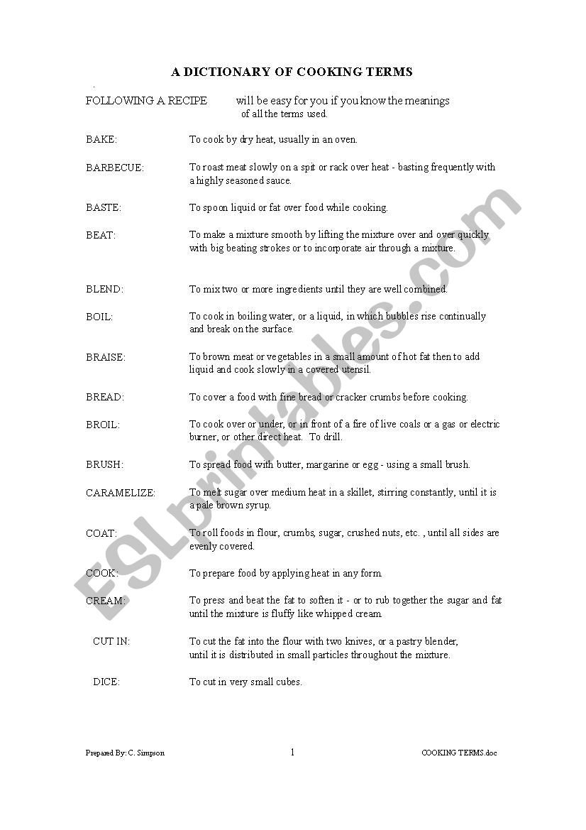 Dictionary Of Cooking Terms  Esl Worksheetproctor2 For Cooking Terms Worksheet