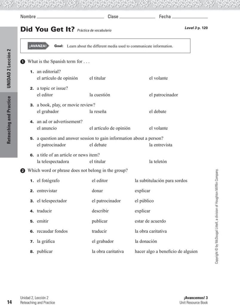 Did You Get It Presentacion De Did You Get It Spanish Worksheet With Spanish Worksheet Answers