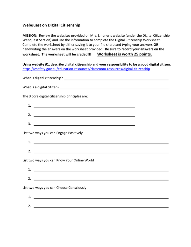 Digital Citizenship Webquest Worksheet For Citizenship In The World Worksheet Answers
