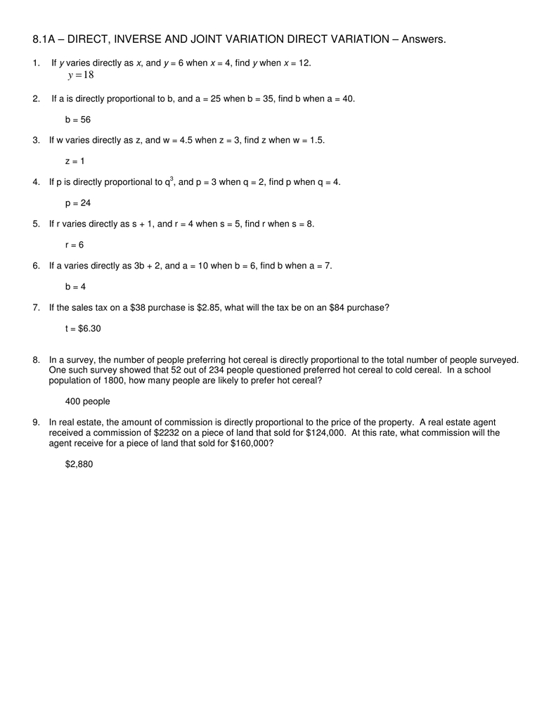 Direct And Inverse Variation Worksheet Answers  Newatvs Regarding Direct Variation Worksheet With Answer Key