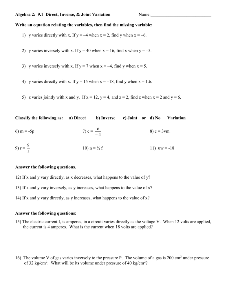 Direct And Inverse Variation Worksheet Inside Direct And Inverse Variation Worksheet Answers