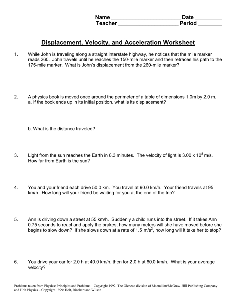 Displacementvelocity And Acceleration Worksheet Throughout Velocity And Acceleration Worksheet