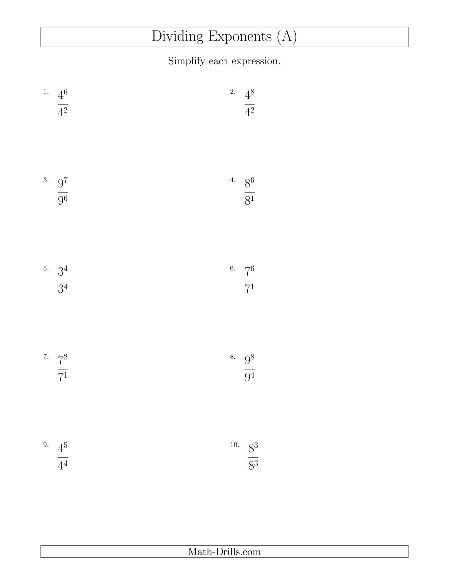 Dividing Exponents With A Larger Or Equal Exponent In The Dividend With Regard To Multiplying And Dividing Exponents Worksheets Pdf