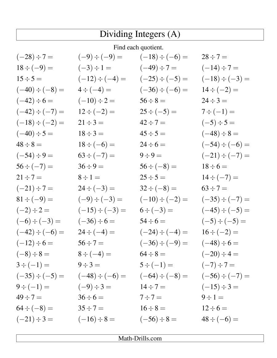 Dividing Integers  Mixture Range 9 To 9 A Together With Multiplying And Dividing Integers Worksheet Pdf