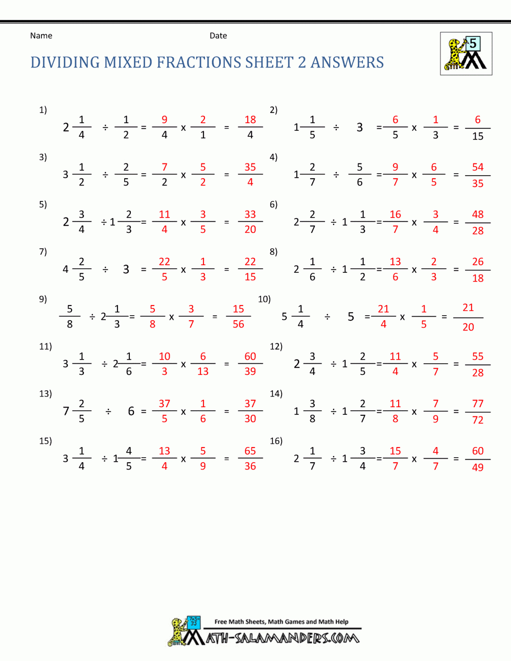 Dividing Mixed Fractions Or Dividing Mixed Numbers Worksheet