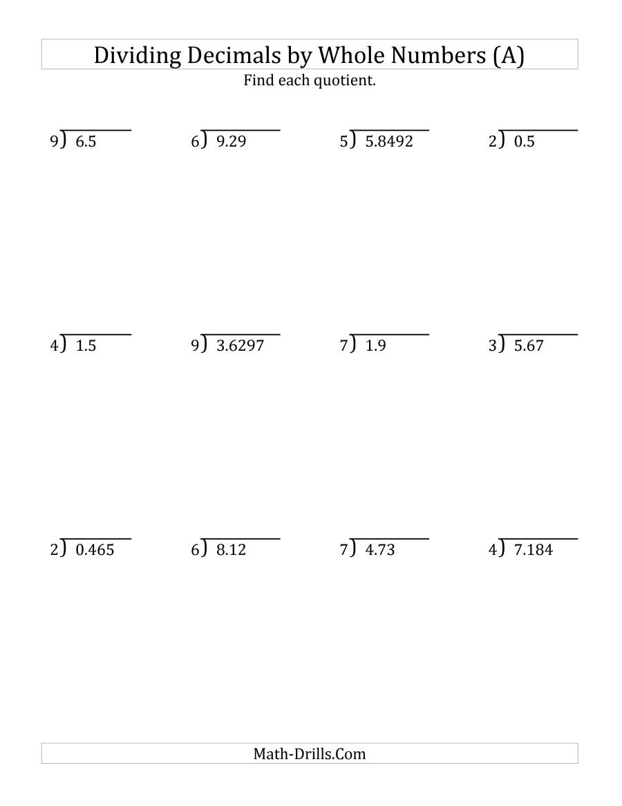 Dividing Various Decimal Placesa Whole Number A Along With Dividing Decimals Worksheet