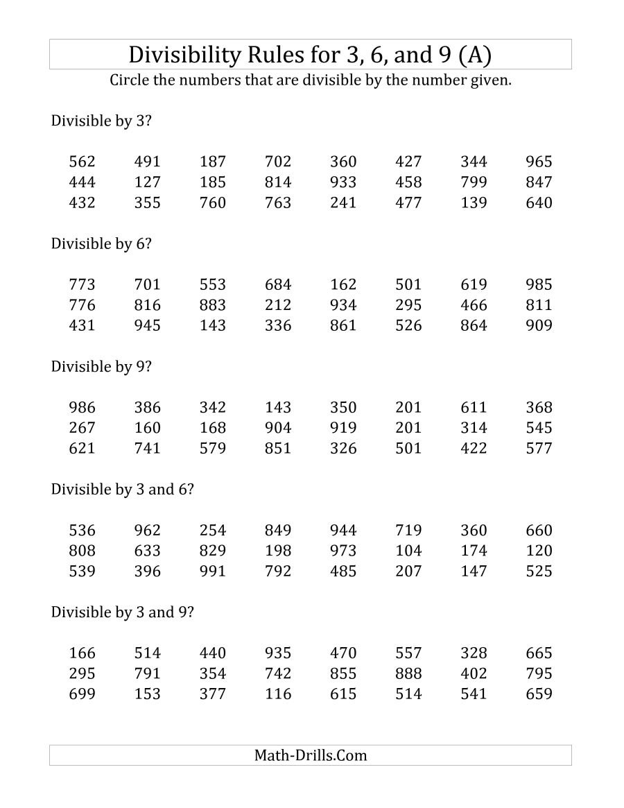 Divisibility Rules For 3 6 And 9 3 Digit Numbers A Pertaining To Divisibility Rules Worksheet