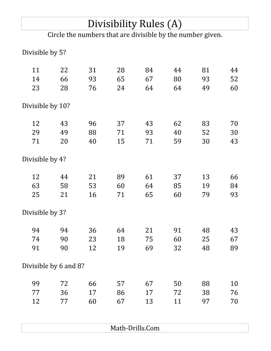 Divisibility Rules For Numbers From 2 To 10 2 Digit Numbers A Or Divisibility Rules Worksheet