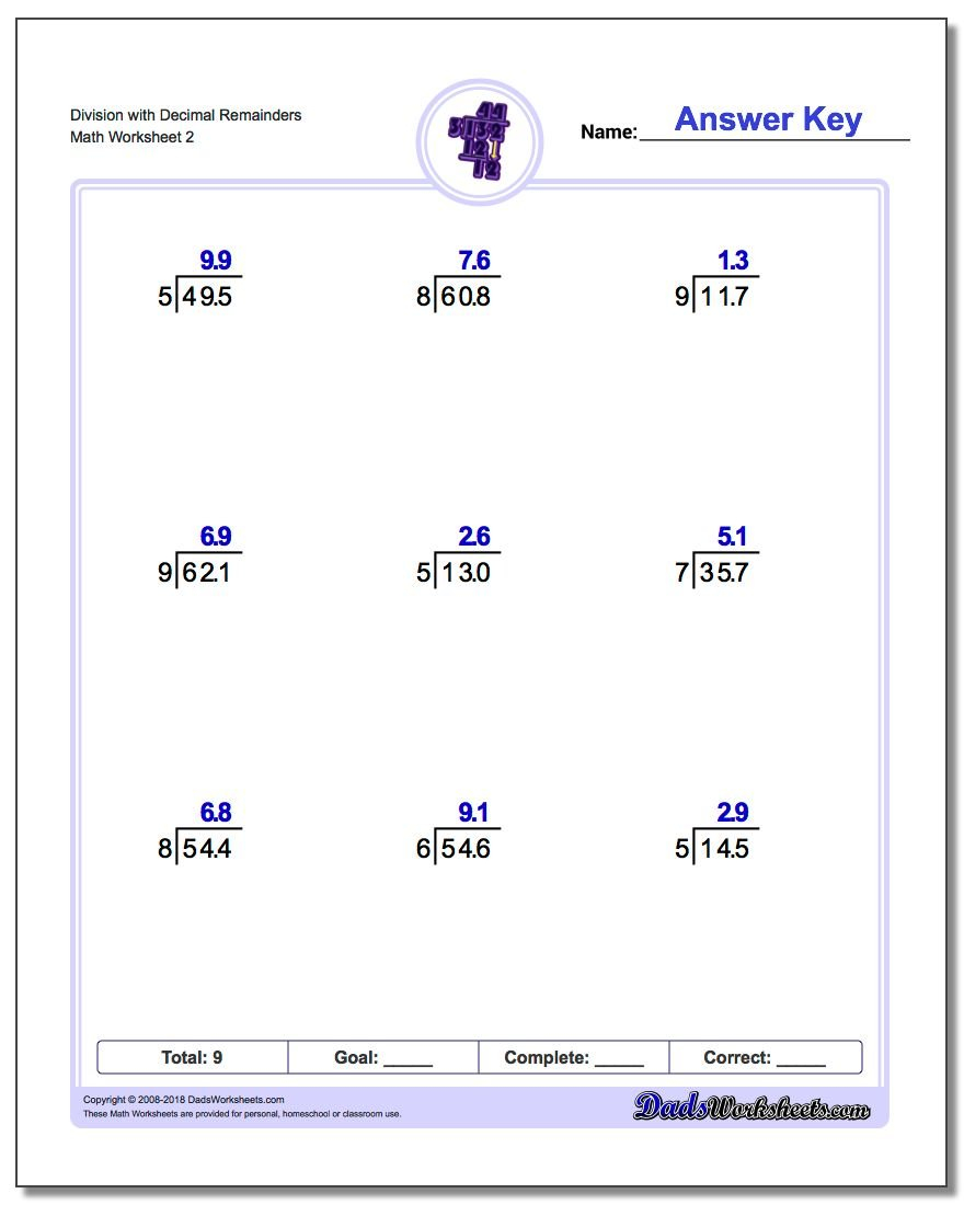 Division With Decimal Results Intended For Dividing Decimals By Whole Numbers Worksheet