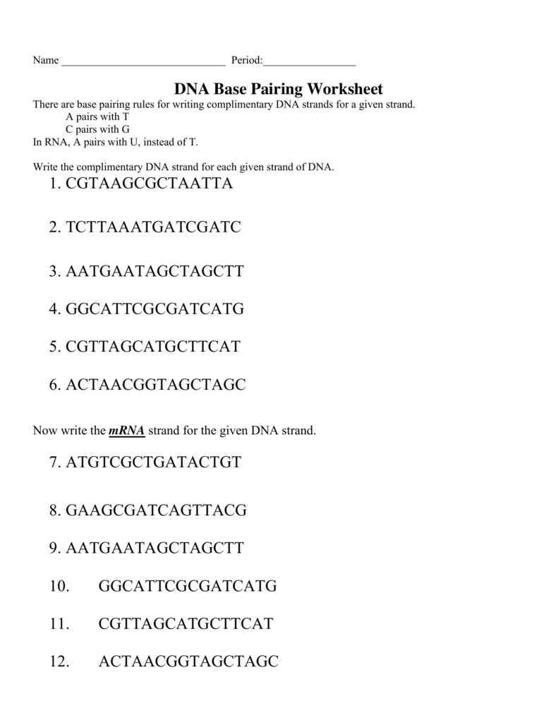 Dna Base Pairing Worksheet 1 Cgtaagcgctaatta 2 Or Dna Base Pairing Worksheet Answer Key