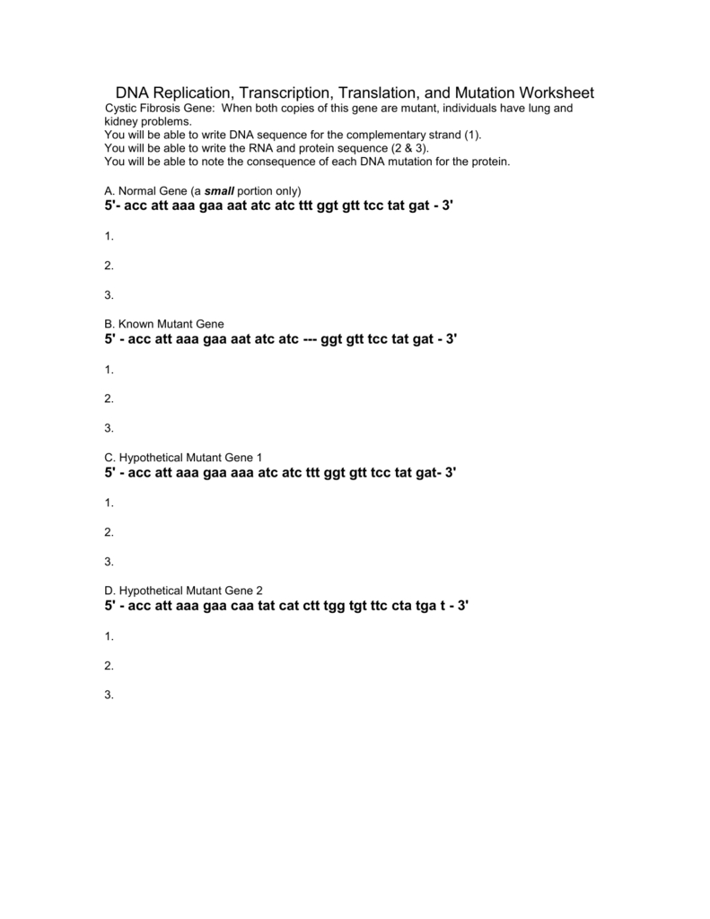 Dna Replication Transcription Translation And Mutation Worksheet Or Dna Replication And Transcription Worksheet Answers