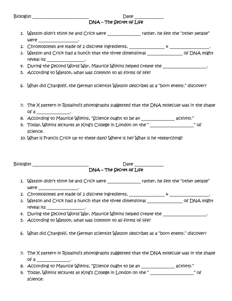 Dna Secret To Life Video Questions Intended For Secret Of Photo 51 Video Worksheet Answer Key
