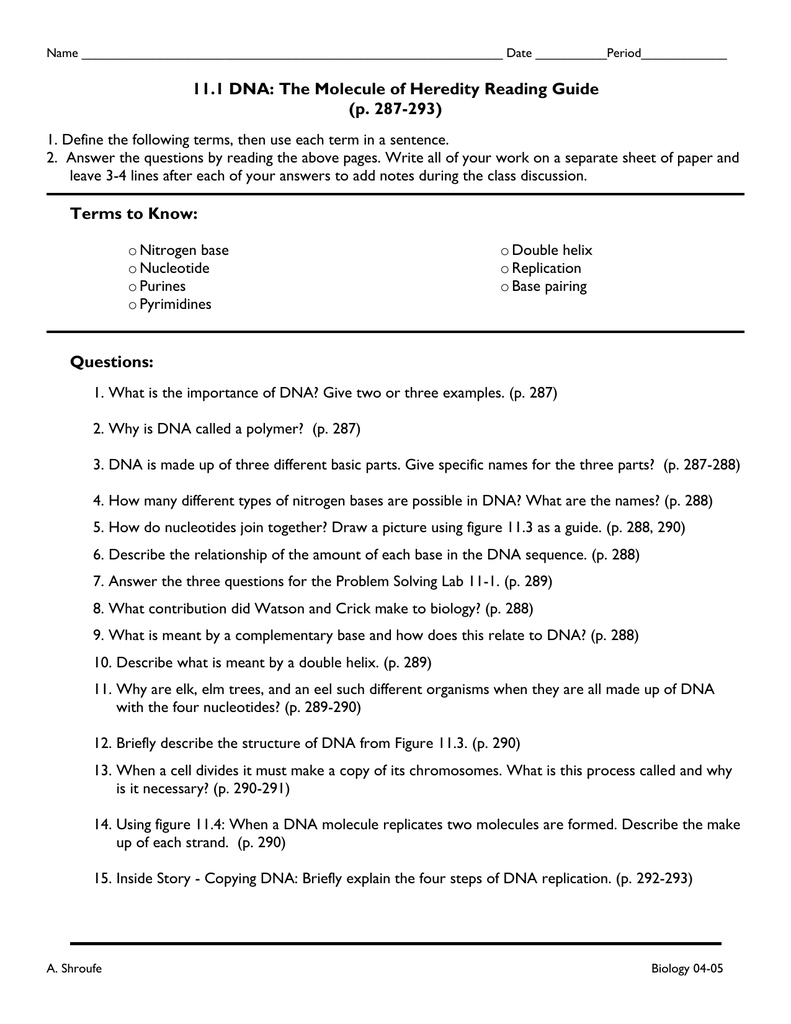Dna The Molecule Of Heredity Reading Guide For Dna The Molecule Of Heredity Worksheet