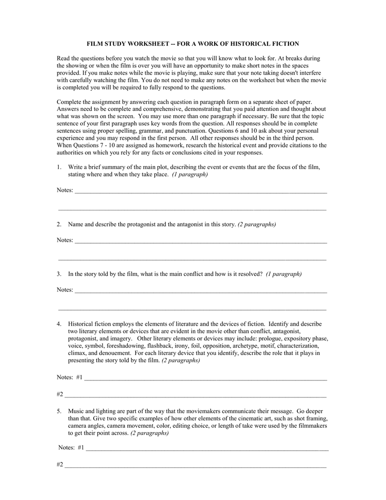 Document 17549696 And Film Study Worksheet For A Work Of Fiction Answers