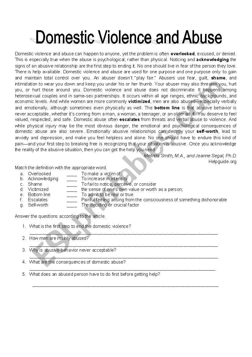 Domestic Violence And Abuse Reading  Song  Esl Worksheetidebere For Domestic Violence Worksheets