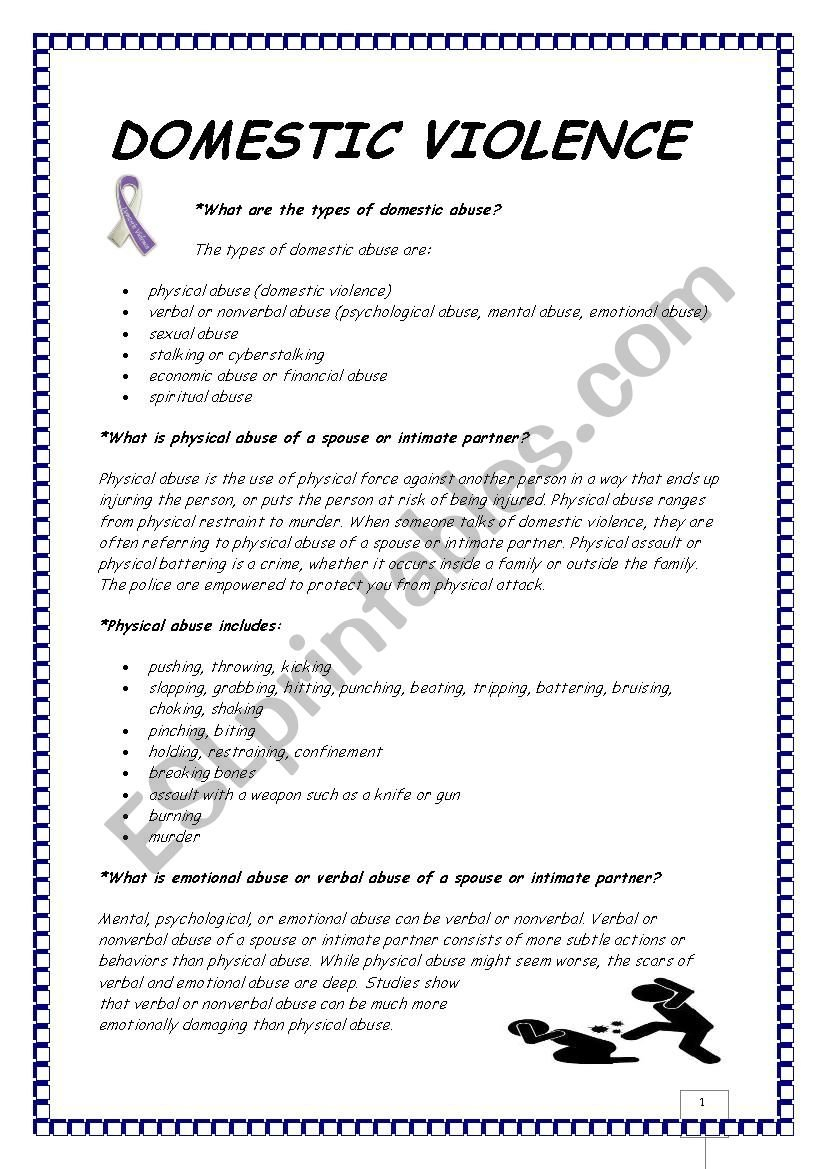 Domestic Violence  Esl Worksheetnouralimene And Domestic Violence Worksheets