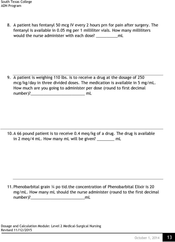 Free Printable Nursing Dosage And Calculation Worksheets