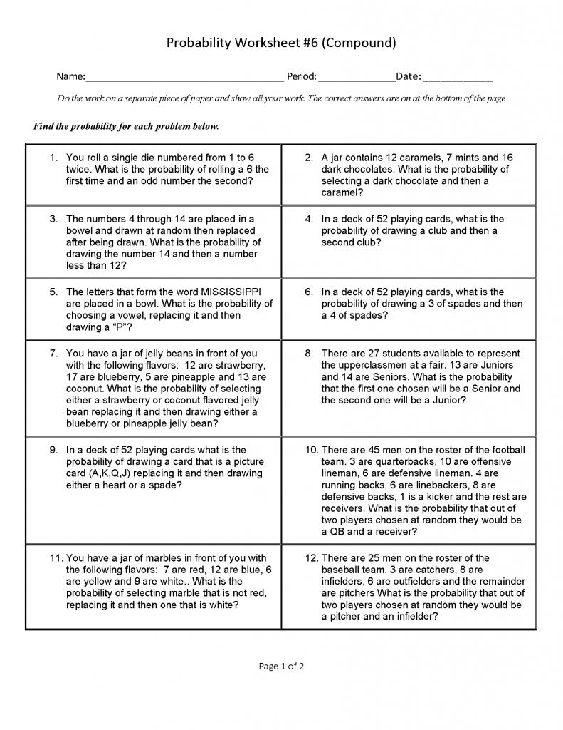Download Probability Worksheets  Geometric  Compound  Conditional Throughout 7Th Grade Probability Worksheets