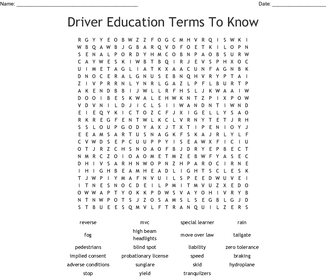 Driver Education Word Search  Wordmint For Drivers Ed Chapter 4 Worksheet Answers