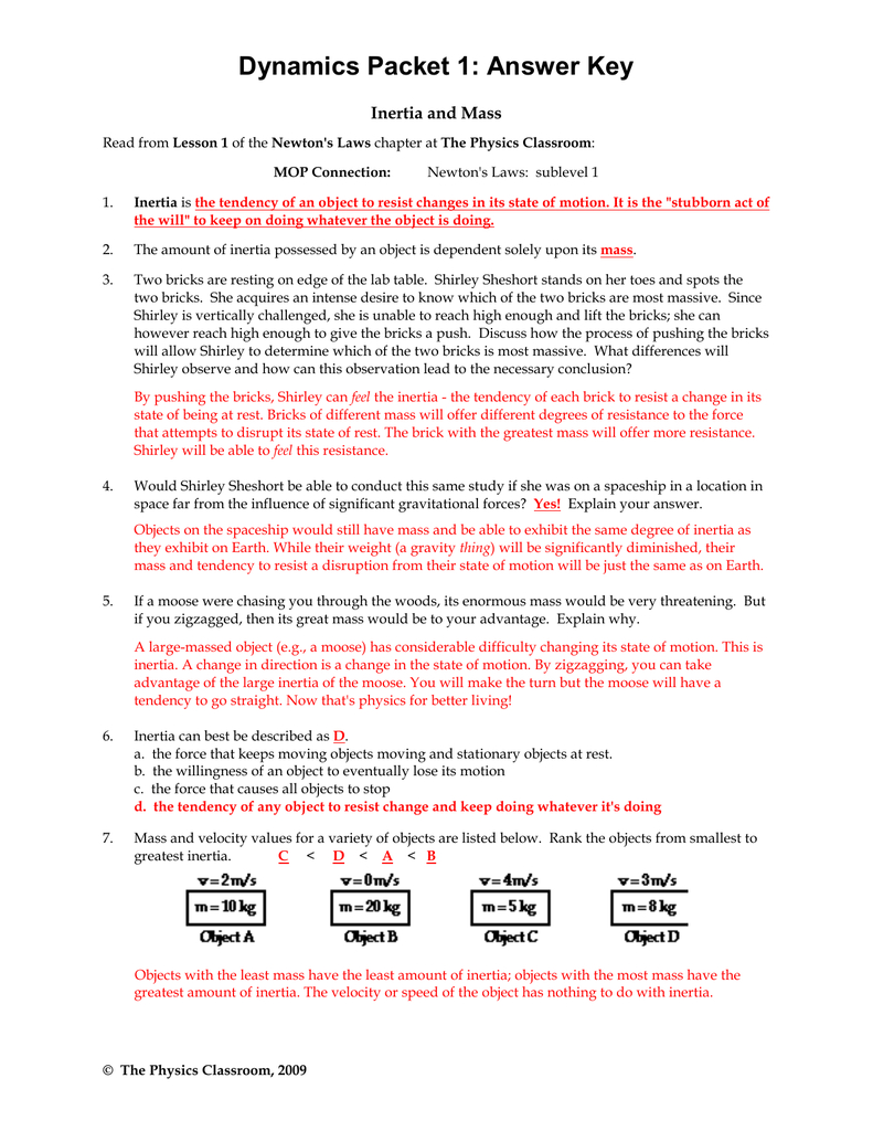Dynamics Packet 1 Answer Key Inertia And Mass Pertaining To Mass And Weight Worksheet Answer Key
