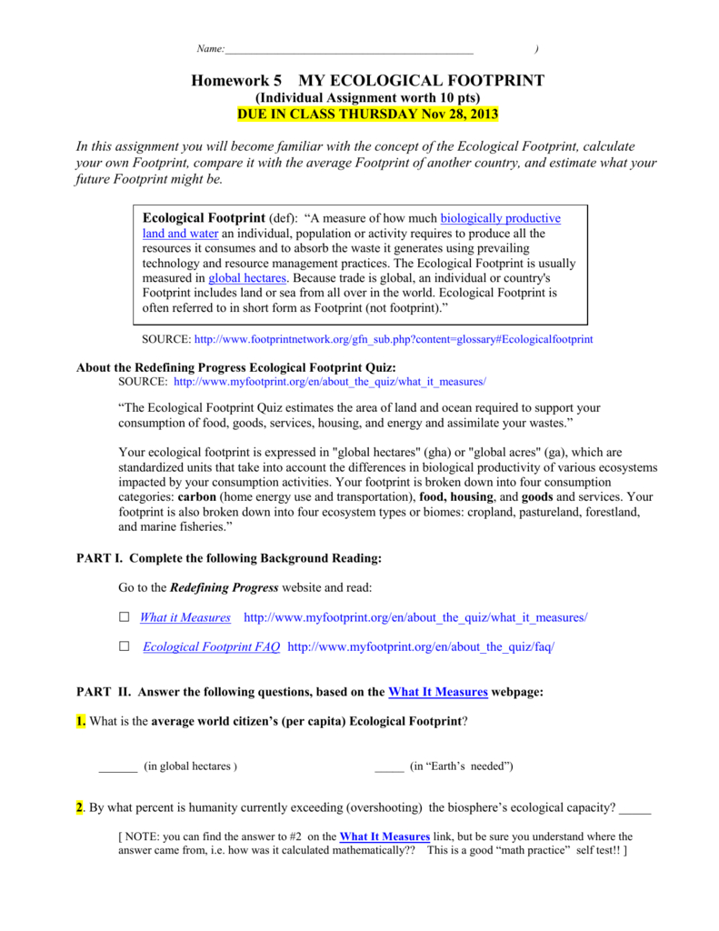 Ecological Footprint Assignment For Ecological Footprint Calculator Worksheet