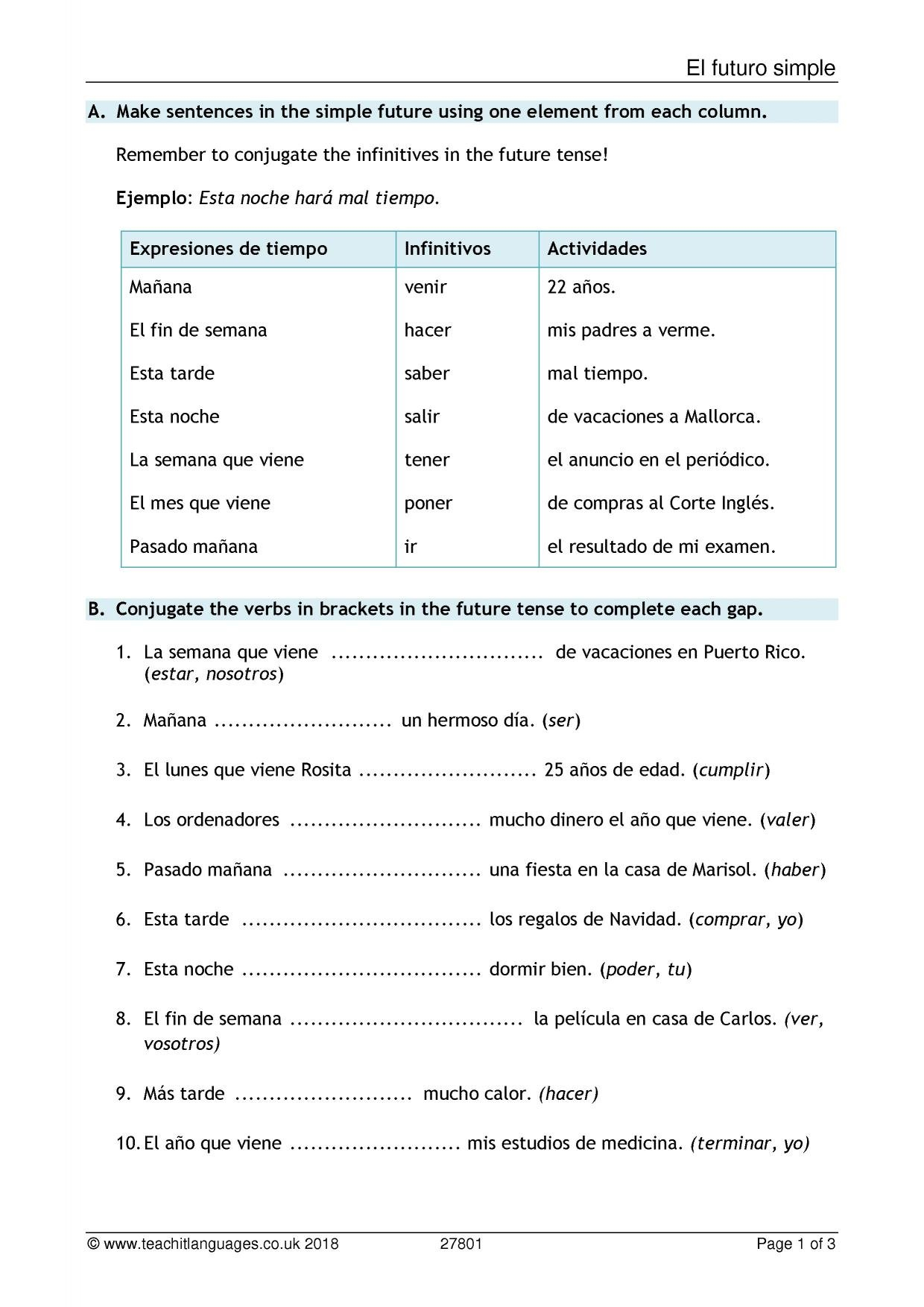 El Futuro Simple For Future Tense Spanish Worksheet