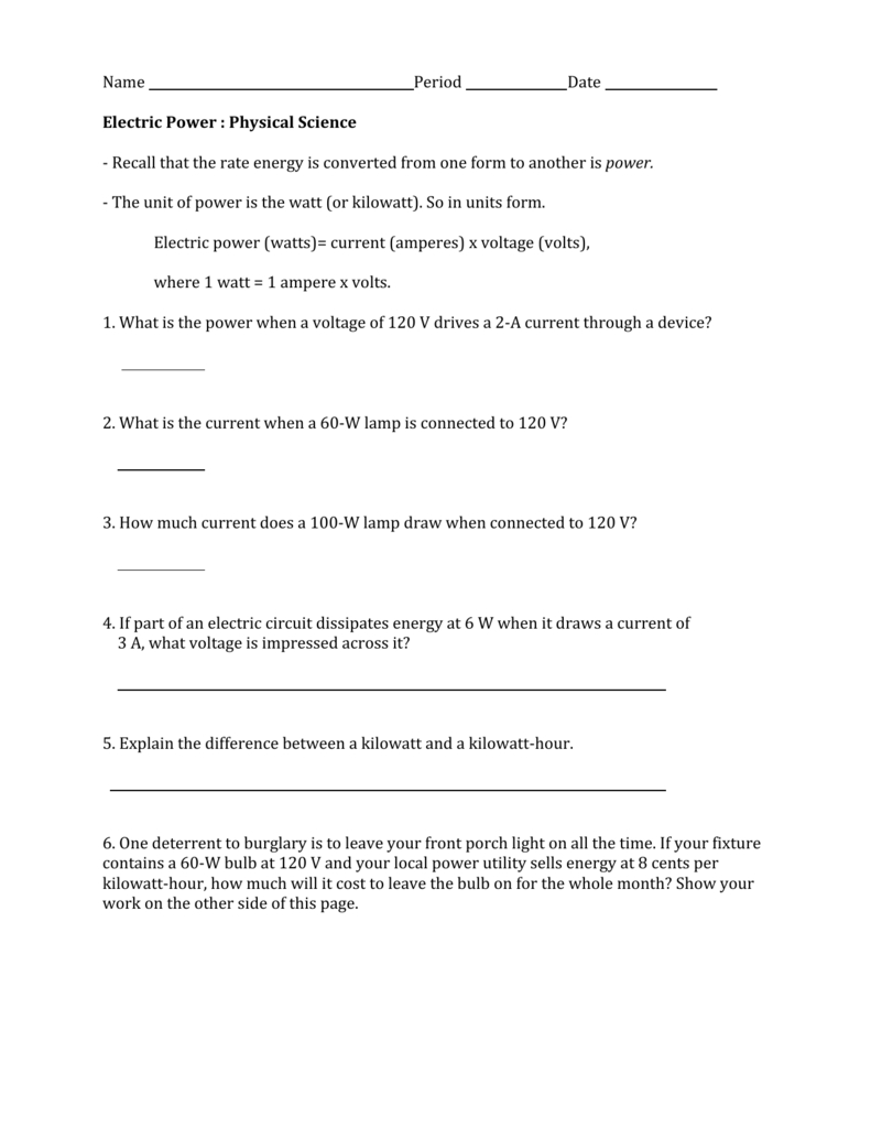 Electric Power Worksheet Also Electrical Power Worksheet Answers