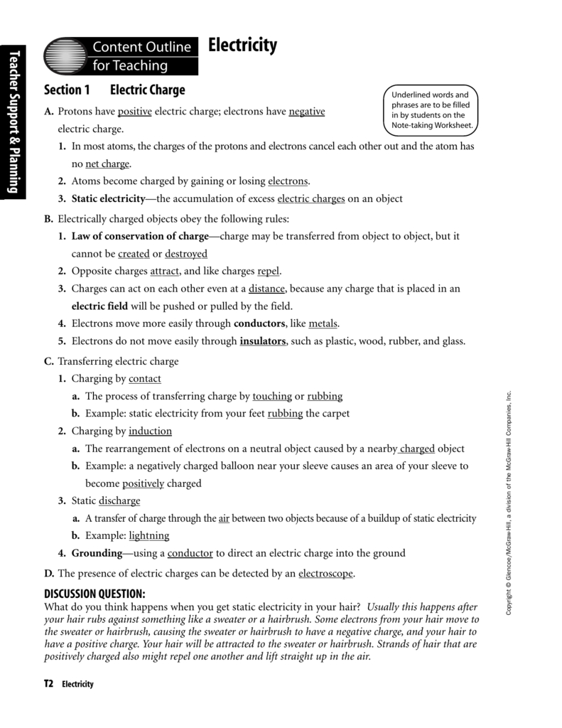 Electricity Notes Answer Key For Note Taking Worksheet Electricity