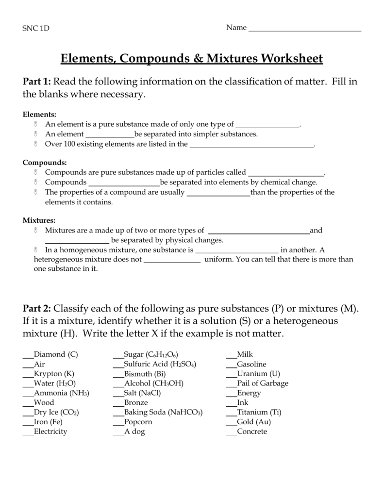 Elements Compounds  Mixtures Worksheet Also Elements Compounds Mixtures Worksheet Answers
