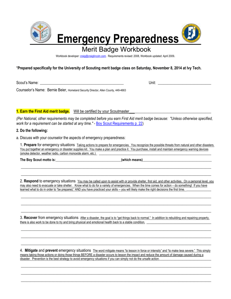 Emergency Preparedness Merit Badge Workbook Along With First Aid Merit Badge Worksheet Answers