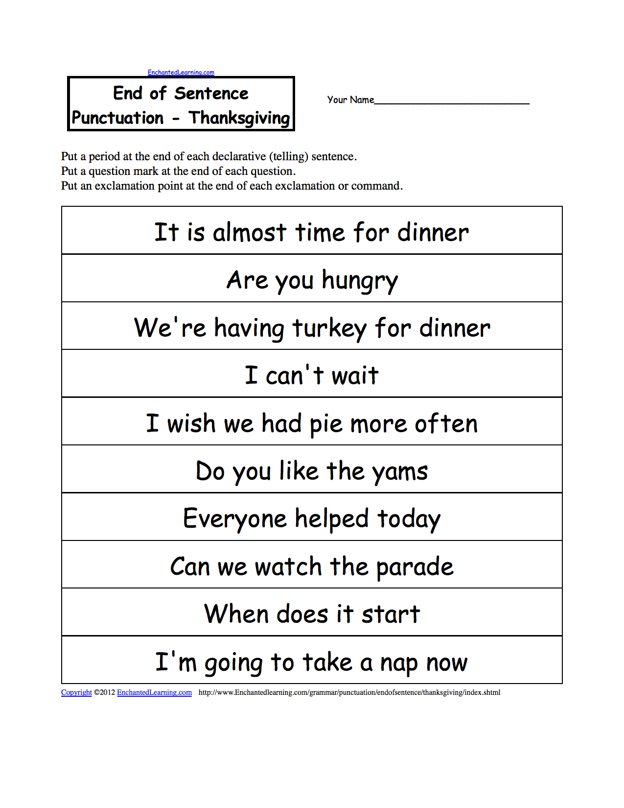 End Of Sentence Punctuation Printable Worksheets Enchantedlearning For Punctuate The Sentence Worksheet