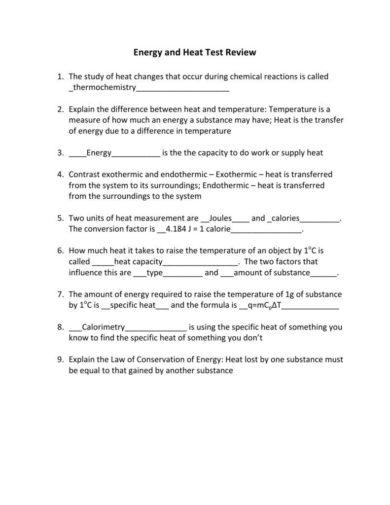 Energy And Heat Test Review Pertaining To Specific Heat Chem Worksheet 16 1 Answer Key