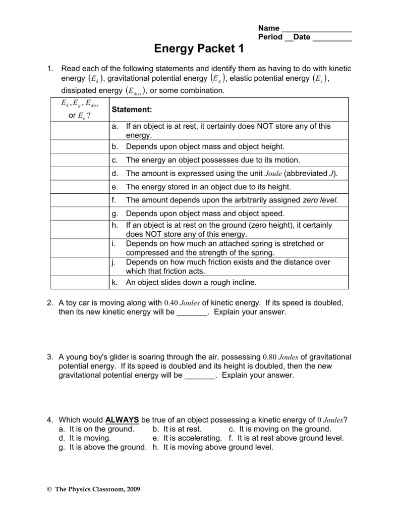 Energy  Hartland High School Along With Gravitational Potential Energy And Kinetic Energy Worksheet Answers