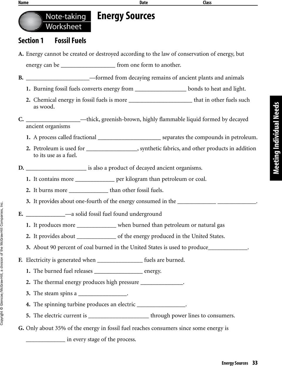 Energy Sources Chapter Resources Includes Glencoe Science For Note Taking Worksheet Electricity