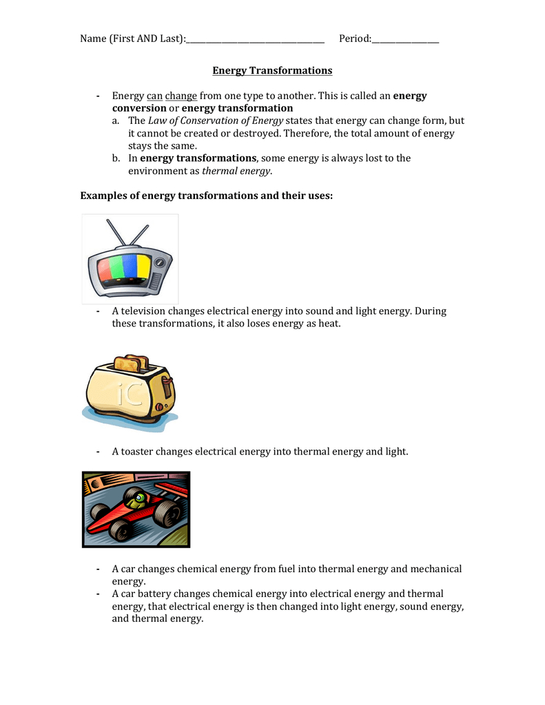 Energy Transformations Student Worksheet Also Energy Conversion Worksheet