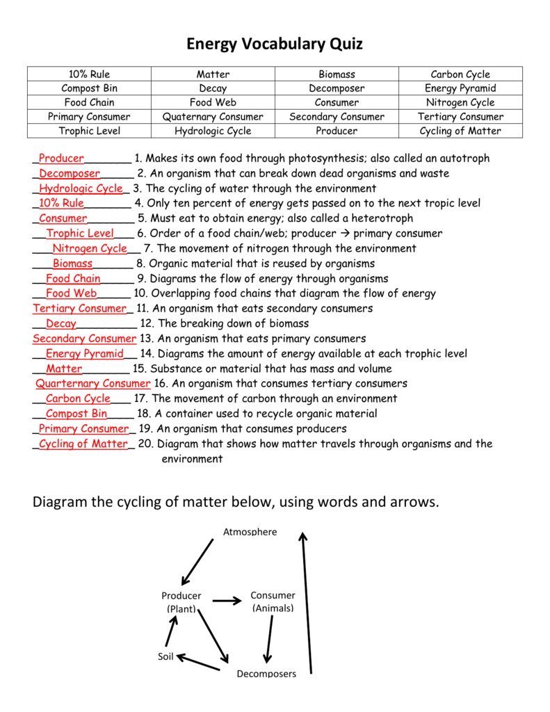 Energy Vocabulary Quiz For Energy Vocabulary Worksheet