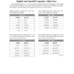 English And Spanish Cognates Adjectives Intended For Spanish Adjectives Worksheet