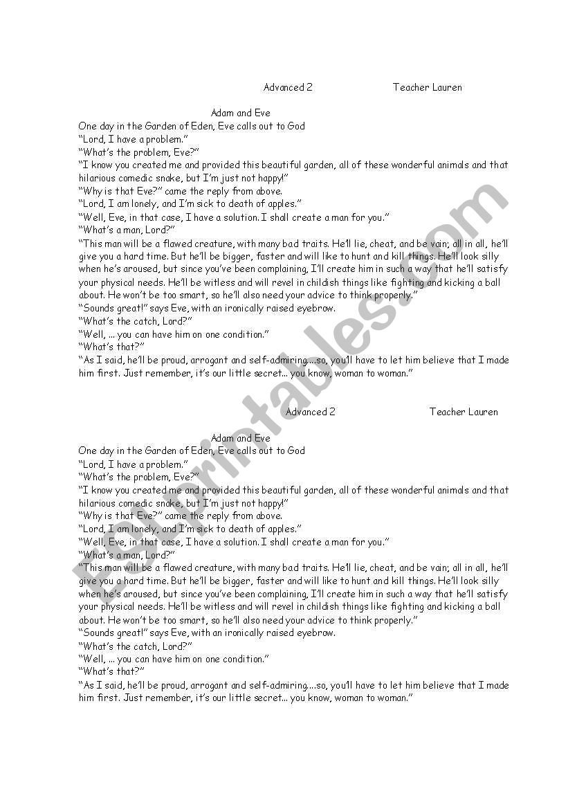 English Worksheets Adjectives  Adam And Eve Inside Adam And Eve Worksheets