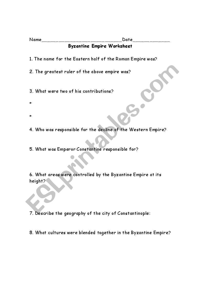 English Worksheets Byzantine Empire Worksheet Regarding The Byzantine Empire Worksheet