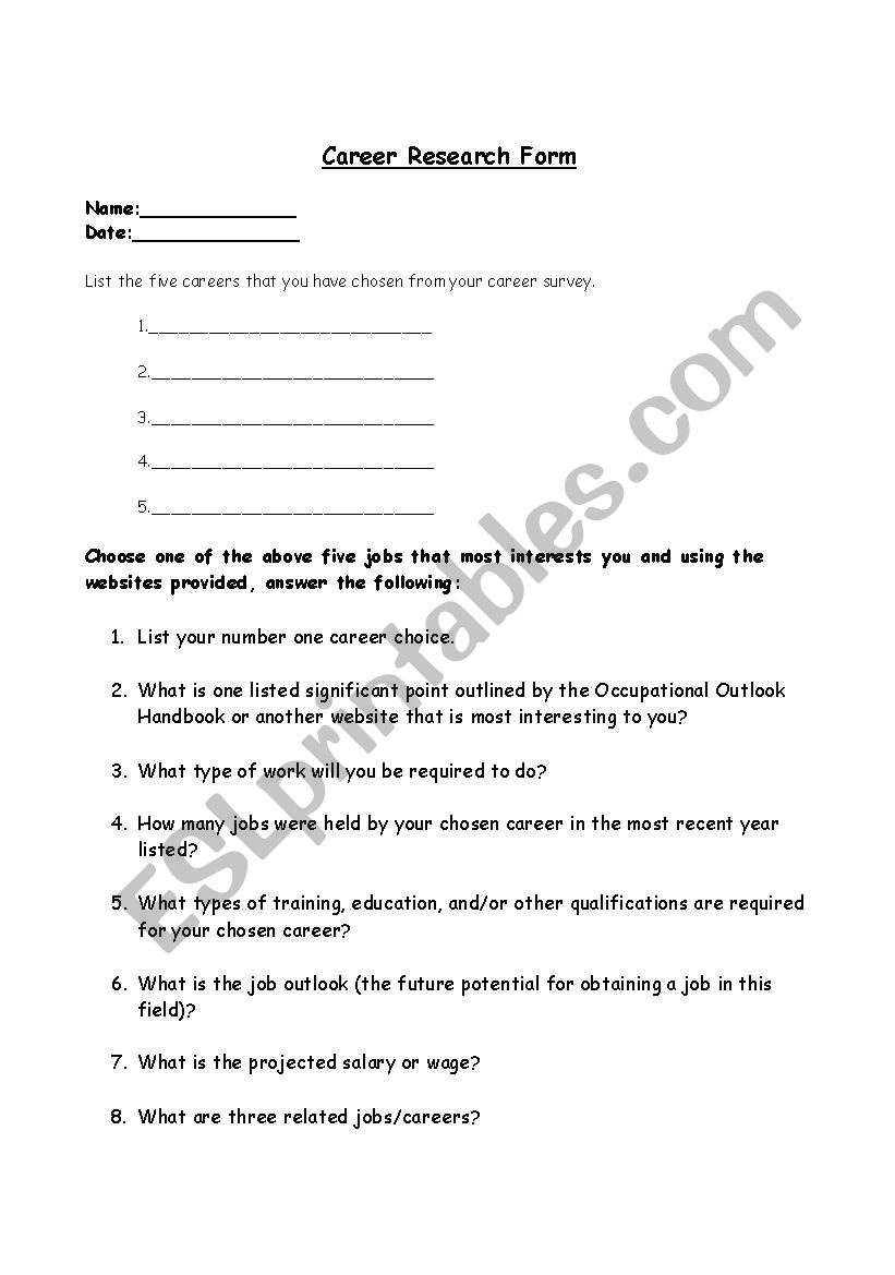 English Worksheets Career Research Form Also Career Research Worksheet