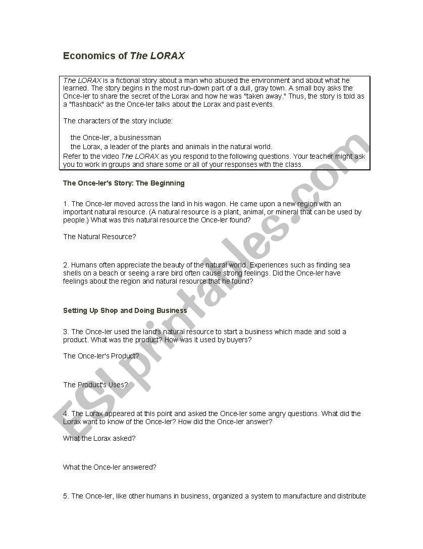 English Worksheets Economics Of The Lorax Throughout The Lorax Movie Worksheet Answers