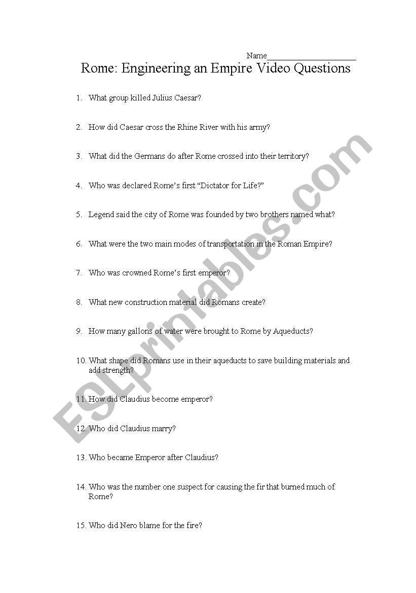 English Worksheets Engineering An Empire Rome Video Questions For Rome Engineering An Empire Worksheet
