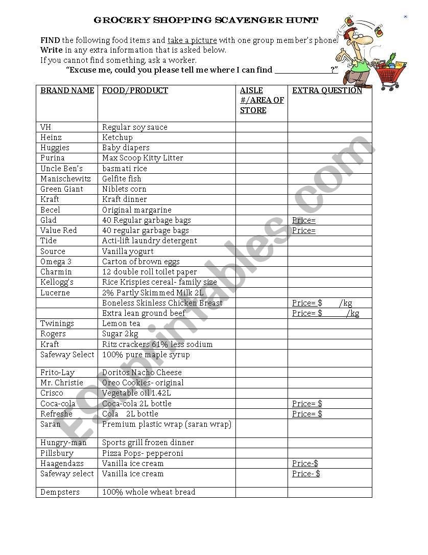 English Worksheets Grocery Store Scavenger Hunt Together With Grocery Store Scavenger Hunt Worksheet