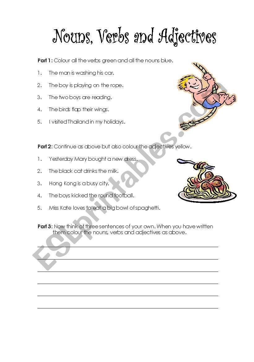 English Worksheets Identify Nouns Verbs And Adjectives Or Identify Nouns And Adjectives Worksheets