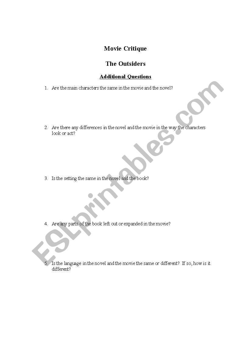 English Worksheets Movie Critique Questionsthe Outsiderss E For The Outsiders Movie Worksheet