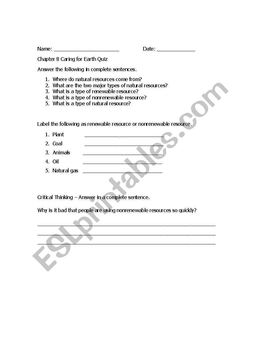 English Worksheets Natural Resources Quiz  Review Worksheet Also Natural Resources Worksheets
