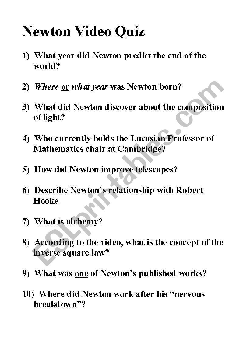 English Worksheets Newton´s Dark Secrets Vidoe Quiz Nova Throughout Nova Newton Dark Secrets Worksheet Answers