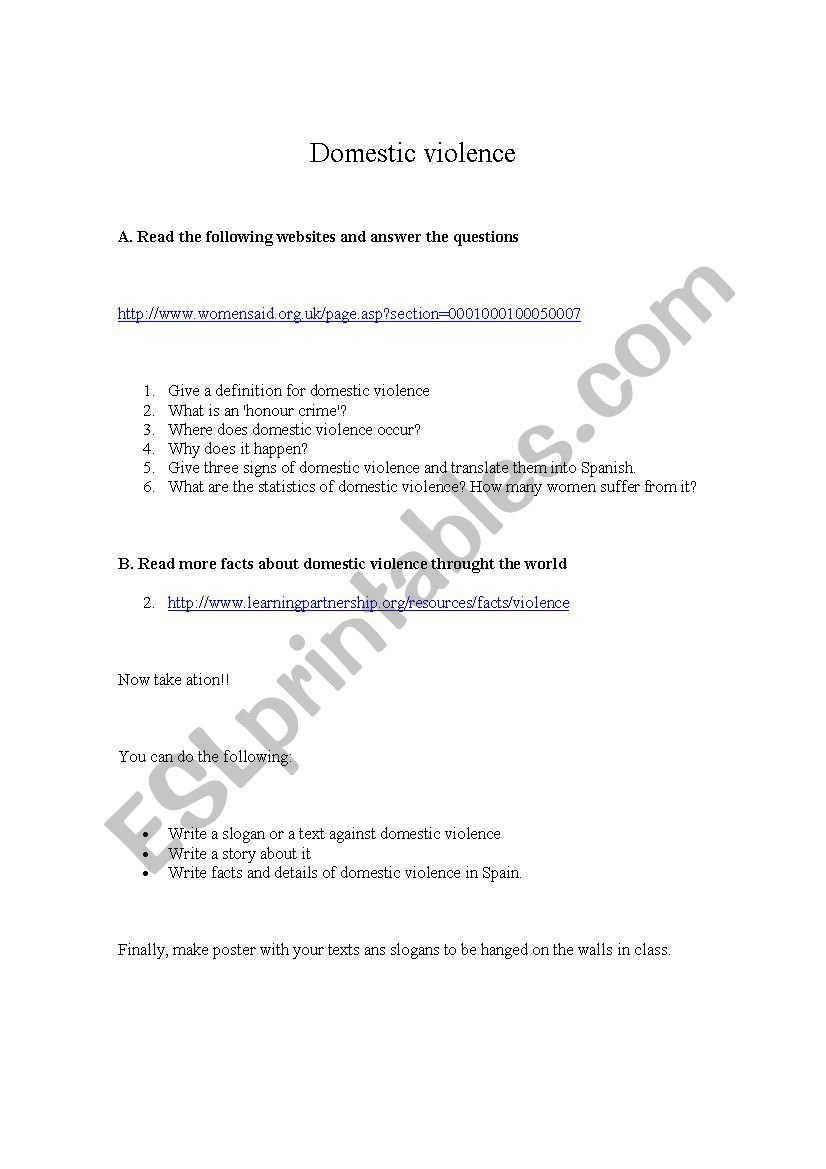 English Worksheets On Domestic Violence For Domestic Violence Worksheets
