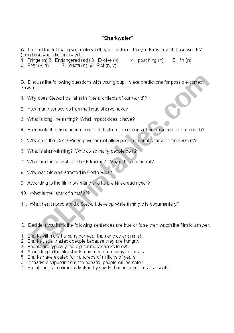 English Worksheets "sharkwater" Comprehension Form Together With Sharkwater Video Worksheet Answers