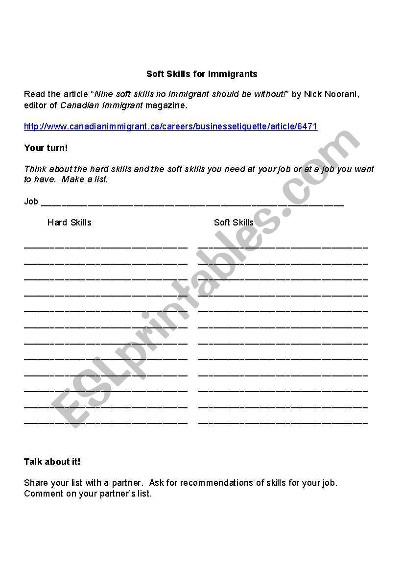 English Worksheets Soft Skills For Immigrants For Soft Skills Worksheets